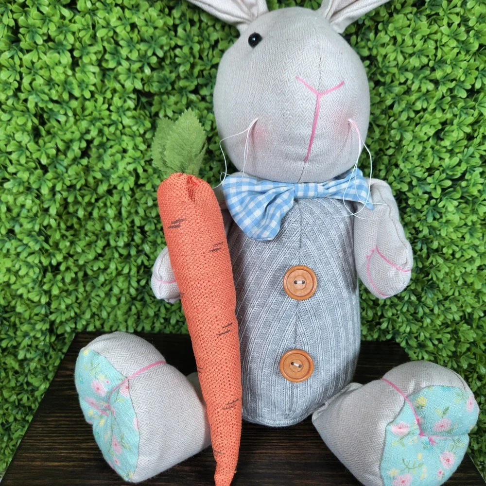 Grey Fabric Easter Bunny Figurine Weighted Shelf Sitter with Carrot and Bow Tie